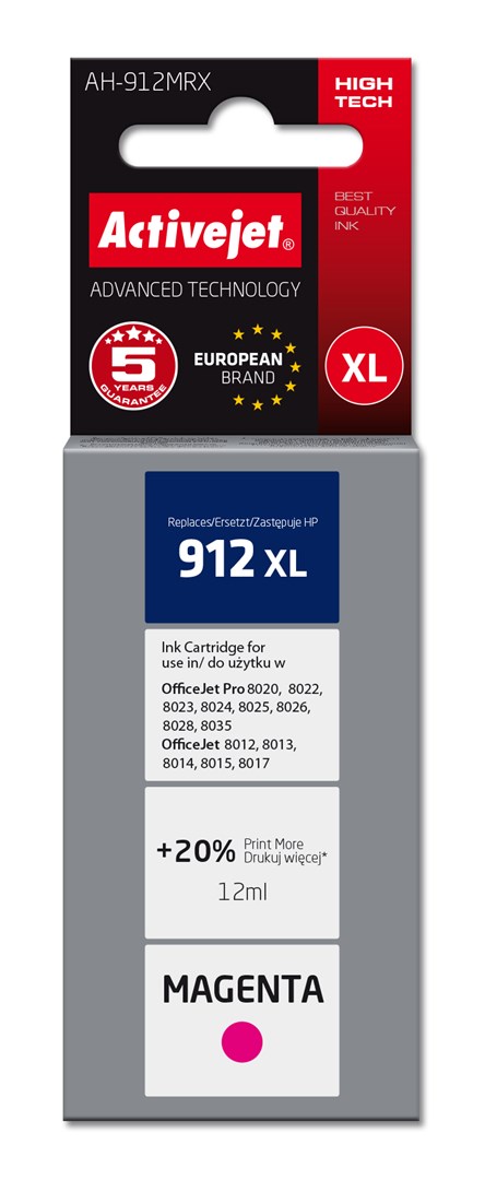 Activejet AH-912MRX Ink (replacement for HP 912XL 3YL82AE; Premium; 990 pages; 12 ml, magenta) Activejet AH-912MRX Ink (replacement for HP 912XL 3YL82AE; Premium; 990 pages; 12 ml, magenta)