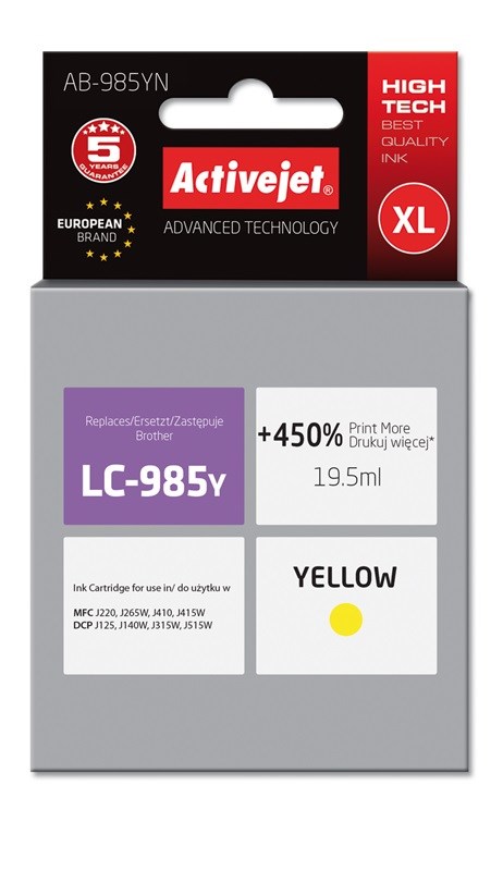 Activejet AB-985YN ink (replacement for Brother LC985Y; Supreme; 19.5 ml; yellow) Activejet AB-985YN ink (replacement for Brother LC985Y; Supreme; 19.5 ml; yellow)