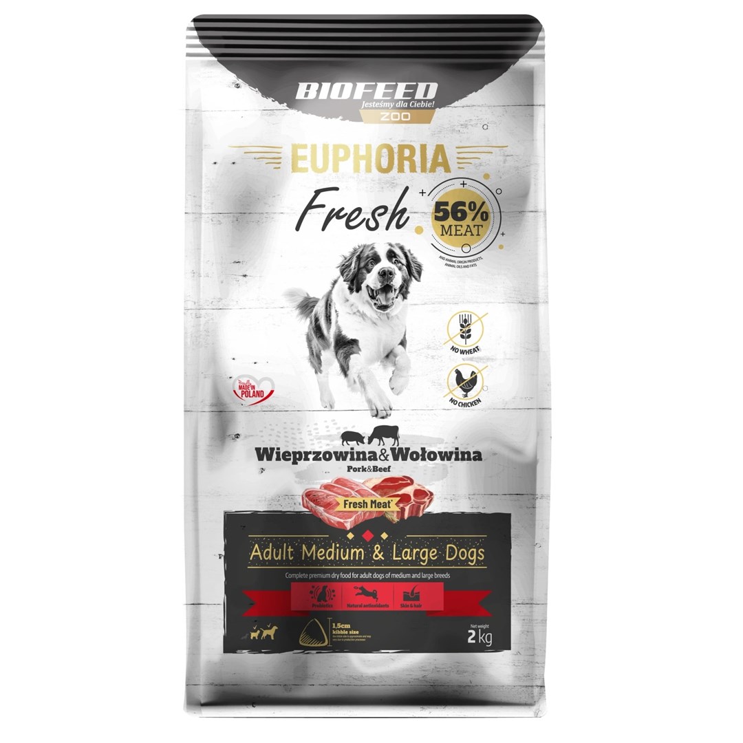 BIOFEED Euphoria Fresh Adult Medium & Large Pork with beef - dry dog food - 2kg BIOFEED Euphoria Fresh Adult Medium & Large Pork with beef - dry dog food - 2kg