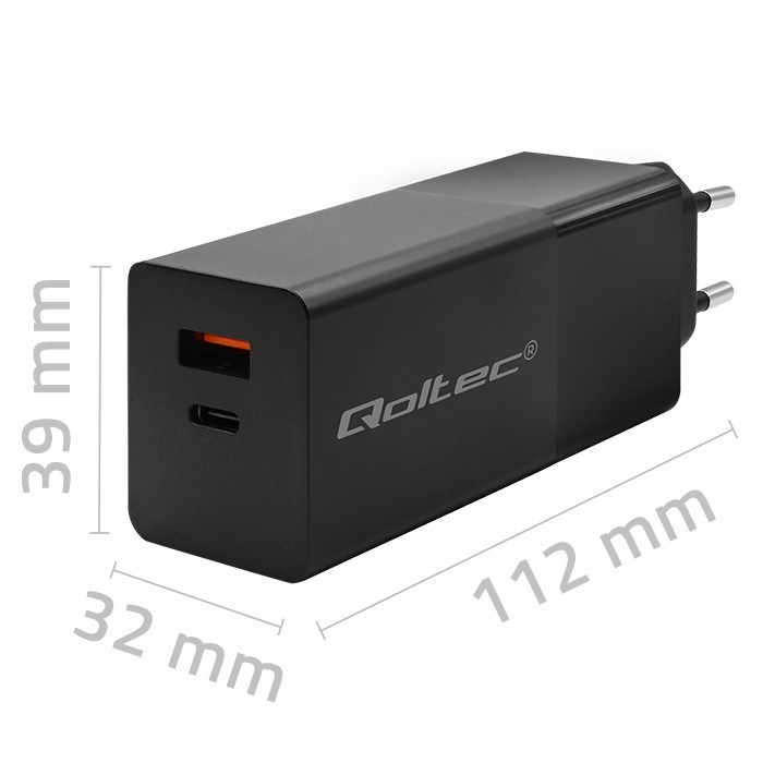 Qoltec 52382 GaN POWER PRO charger | 1xUSB type C | 1xUSB A | 100W | 5-20V | 1.5-5A | PD | Black Qoltec 52382 GaN POWER PRO charger | 1xUSB type C | 1xUSB A | 100W | 5-20V | 1.5-5A | PD | Black