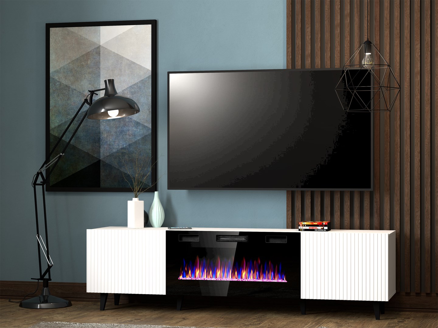 RTV cabinet PAFOS EF with electric fireplace 180x42x49 cm white matt RTV cabinet PAFOS EF with electric fireplace 180x42x49 cm white matt