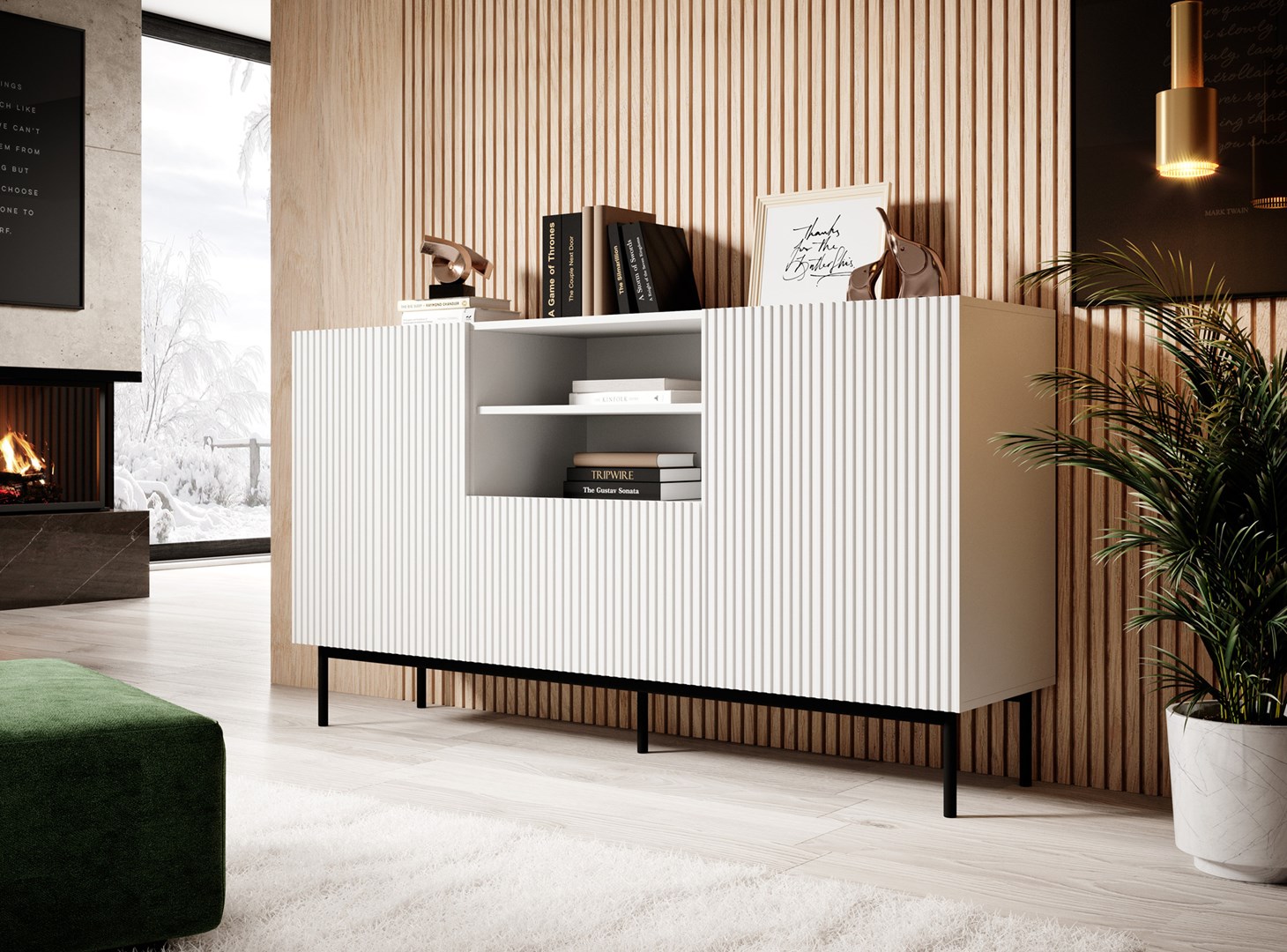 PAFOS chest of drawers on a black steel frame 150x40x90 cm white matt PAFOS chest of drawers on a black steel frame 150x40x90 cm white matt