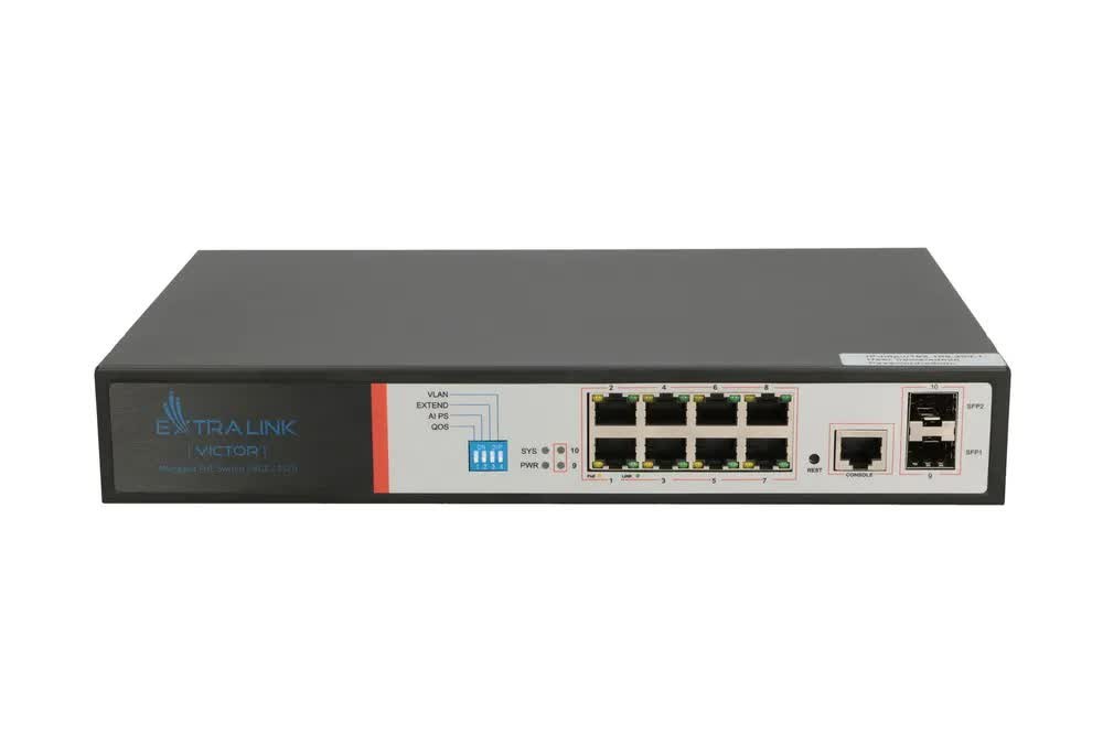Extralink VICTOR | Switch PoE | 8x Gigabit PoE/PoE+, 2x SFP, 1x Port Konsolowy, 150W, Zarządzalny Extralink VICTOR | Switch PoE | 8x Gigabit PoE/PoE+, 2x SFP, 1x Port Konsolowy, 150W, Zarządzalny