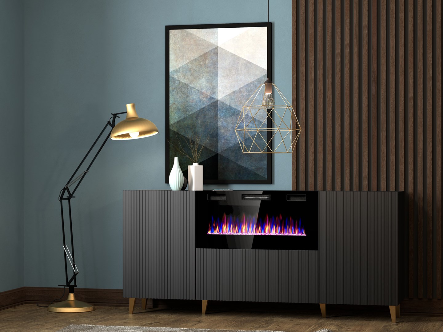PAFOS chest of drawers with electric fireplace 180x42x82 cm matte black PAFOS chest of drawers with electric fireplace 180x42x82 cm matte black