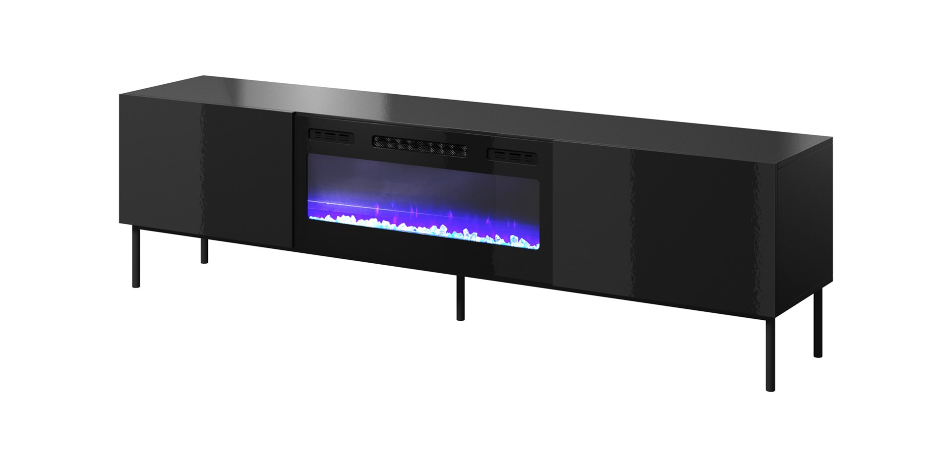 RTV cabinet SLIDE 200K with electric fireplace on black frame 200x40x57 cm all in gloss black RTV cabinet SLIDE 200K with electric fireplace on black frame 200x40x57 cm all in gloss black
