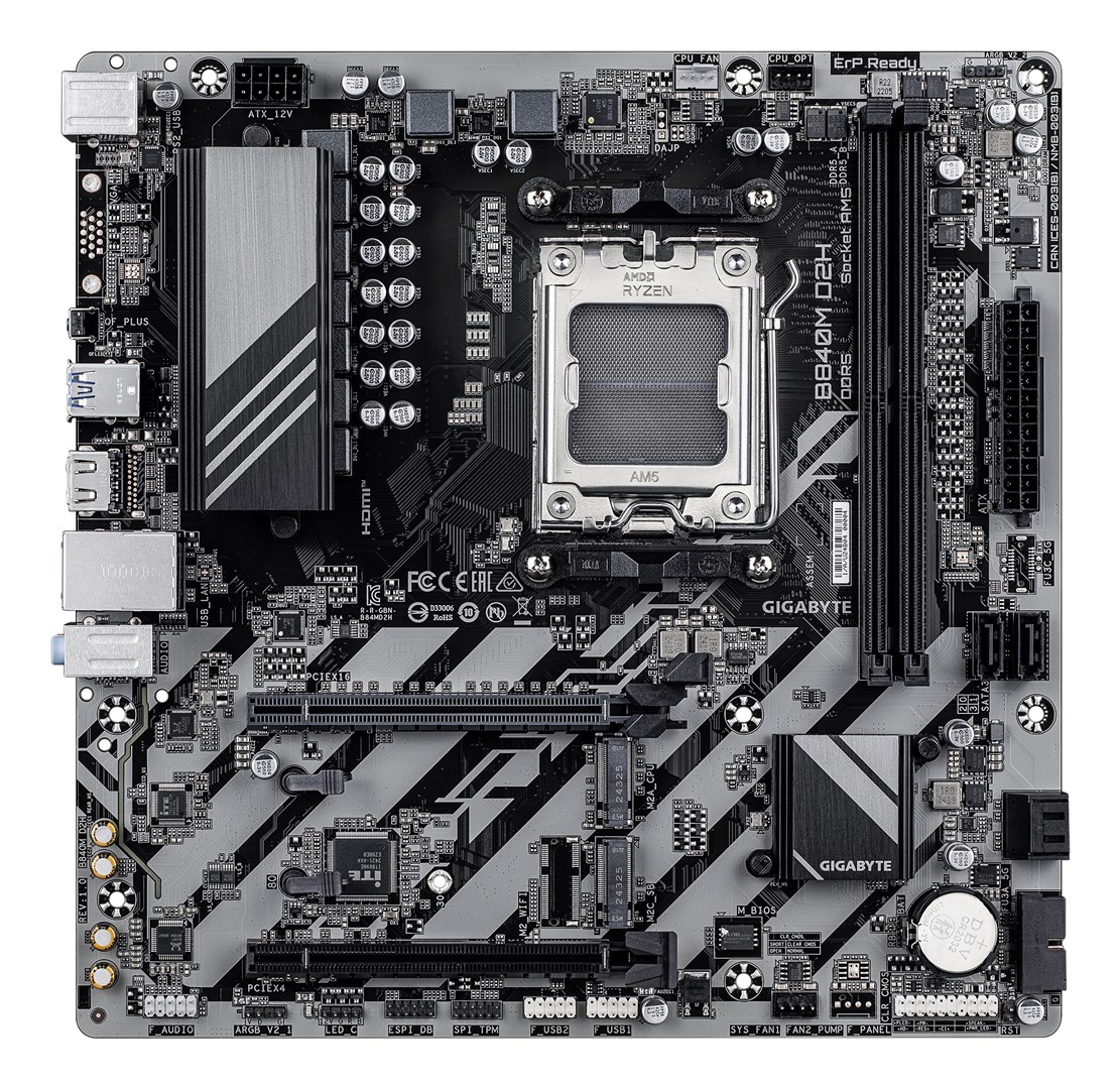 GIGABYTE B840M D2H Motherboard - AMD Ryzen 9000 CPUs, 5+2+2 Phases VRM, up to 7600MHz DDR5, 1xPCIe 4.0 + 1xPCIe 3.0 M.2, 2.5GbE LAN, USB 3.2 Gen 1 GIGABYTE B840M D2H Motherboard - AMD Ryzen 9000 CPUs, 5+2+2 Phases VRM, up to 7600MHz DDR5, 1xPCIe 4.0 + 1xPCIe 3.0 M.2, 2.5GbE LAN, USB 3.2 Gen 1