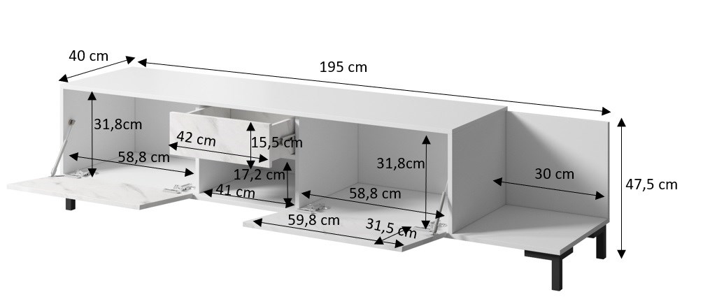 RTV cabinet MARMO 2D1S1K 195x40x47.5 cm black matt/marble black RTV cabinet MARMO 2D1S1K 195x40x47.5 cm black matt/marble black