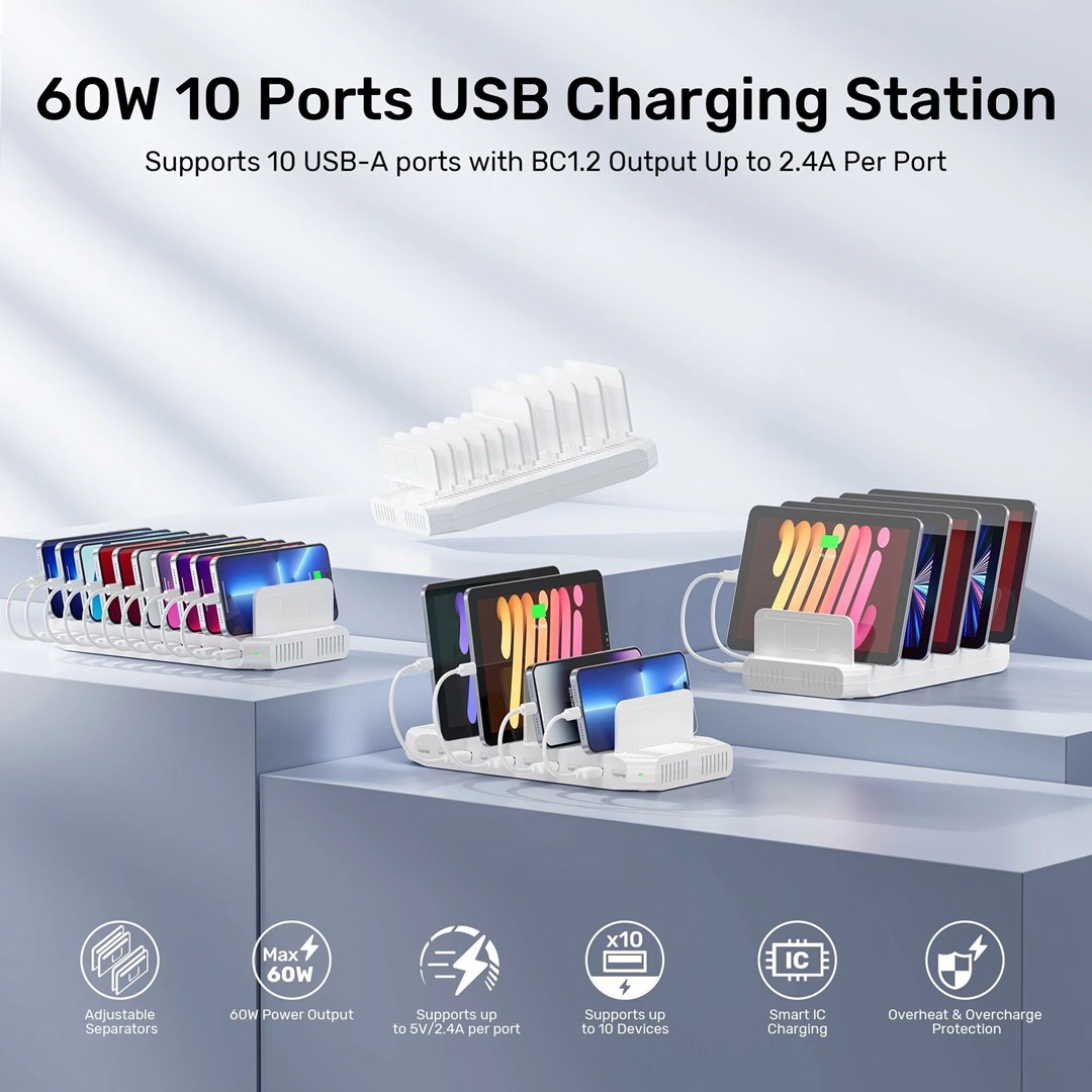 UNITEK CHARGING STATION 10X USB 2.4A 60W WHITE UNITEK CHARGING STATION 10X USB 2.4A 60W WHITE