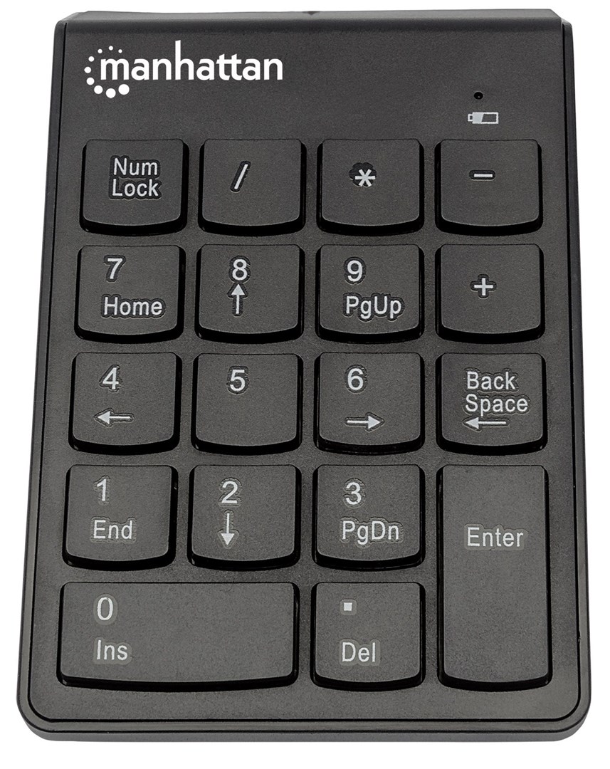 Manhattan Numeric Keypad, Wireless (2.4GHz), USB-A Micro Receiver, 18 Full Size Keys, Black, Membrane Key Switches, Auto Power Management, Range 10m, AAA Battery (included), Windows and Mac, Three Year Warranty Manhattan Numeric Keypad, Wireless (2.4GHz), USB-A Micro Receiver, 18 Full Size Keys, Black, Membrane Key Switches, Auto Power Management, Range 10m, AAA Battery (included), Windows and Mac, Three Year Warranty