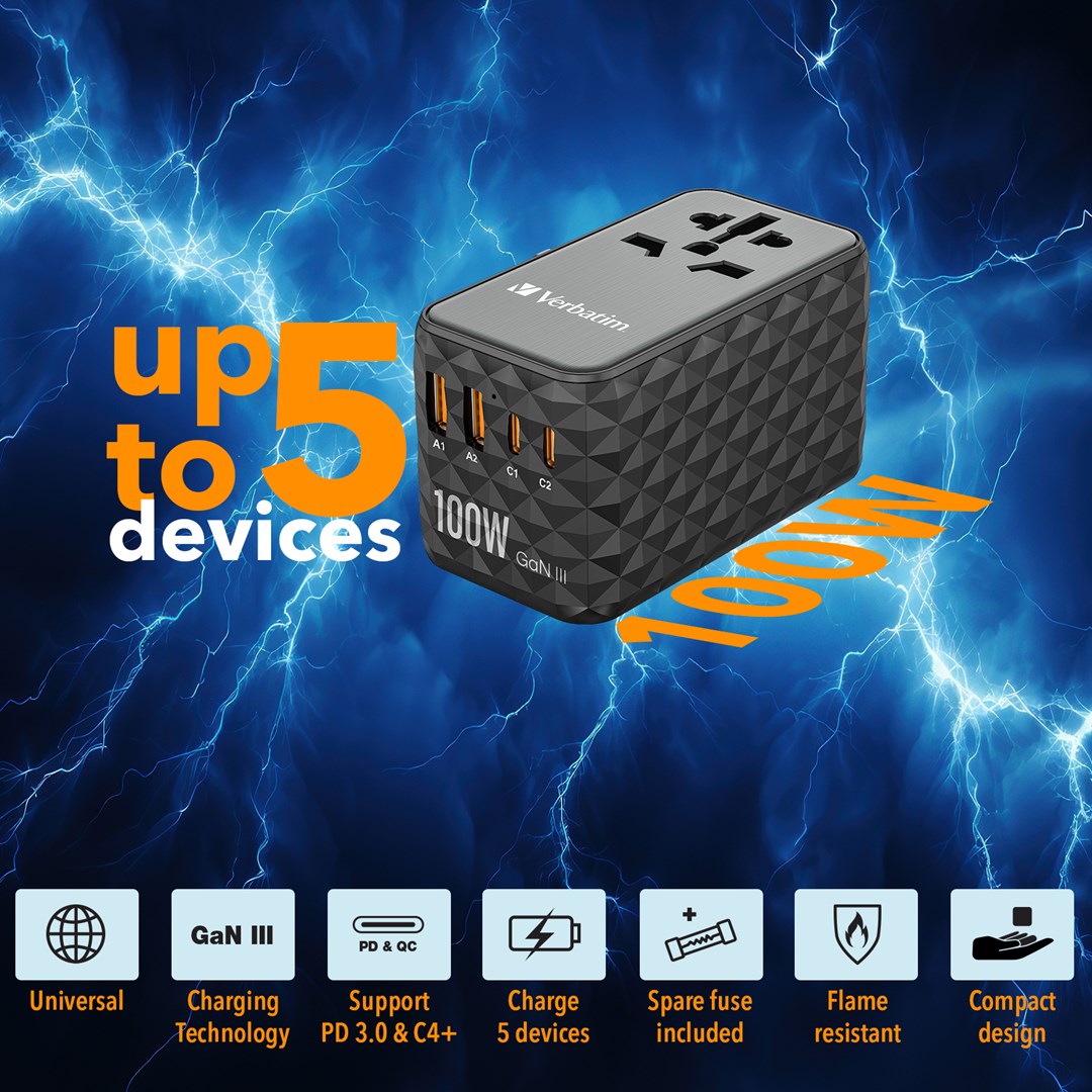 Verbatim UTA-06 100W GaN III Universal Travel Adapter with 2 x USB-C PD & QC 4+ & 2 x USB-A QC 3.0 ports Verbatim UTA-06 100W GaN III Universal Travel Adapter with 2 x USB-C PD & QC 4+ & 2 x USB-A QC 3.0 ports