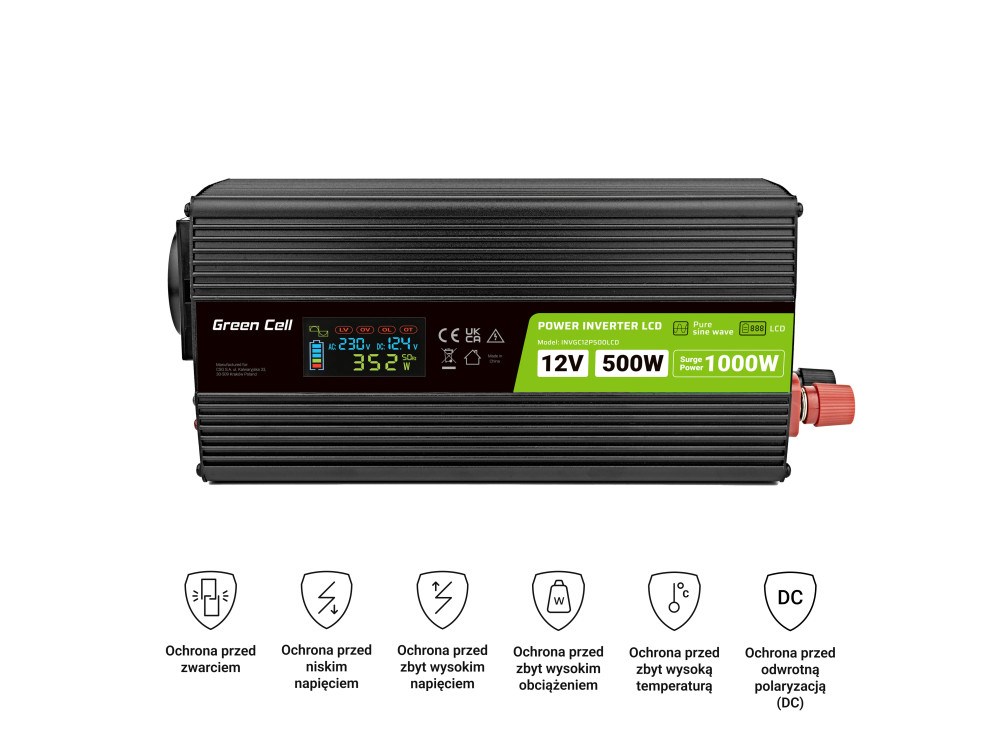Green Cell PowerInverter LCD 12V 500W/10000W car inverter with display - pure sine wave Green Cell PowerInverter LCD 12V 500W/10000W car inverter with display - pure sine wave