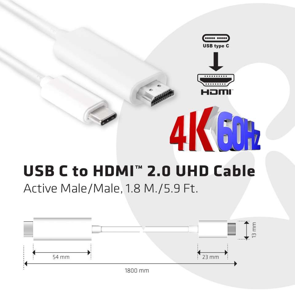 CLUB3D USB C to HDMI™ 2.0 UHD Cable Active 1.8 M./5.9 Ft. CLUB3D USB C to HDMI™ 2.0 UHD Cable Active 1.8 M./5.9 Ft.