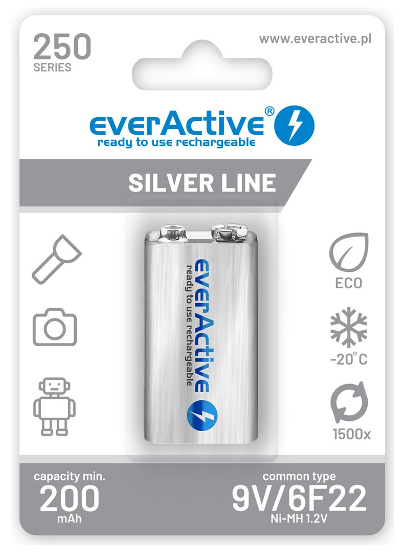 Rechargeable batteries everActive Ni-MH 6F22 9V 250 mAh Silver Line Rechargeable batteries everActive Ni-MH 6F22 9V 250 mAh Silver Line