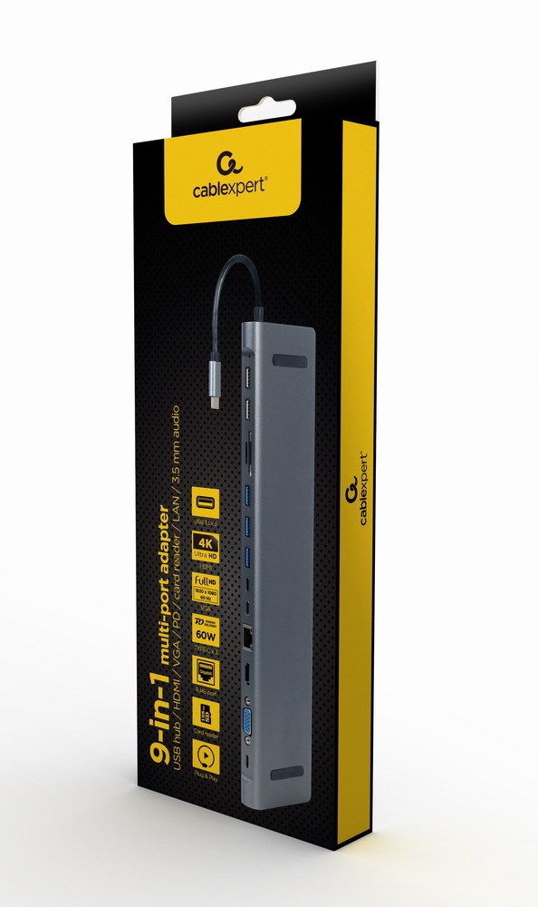 Gembird A-CM-COMBO9-01 USB Type-C 9-in-1 multi-port adapter (USB hub + HDMI + VGA + PD + card reader + LAN + 3.5 mm audio), space grey Gembird A-CM-COMBO9-01 USB Type-C 9-in-1 multi-port adapter (USB hub + HDMI + VGA + PD + card reader + LAN + 3.5 mm audio), space grey