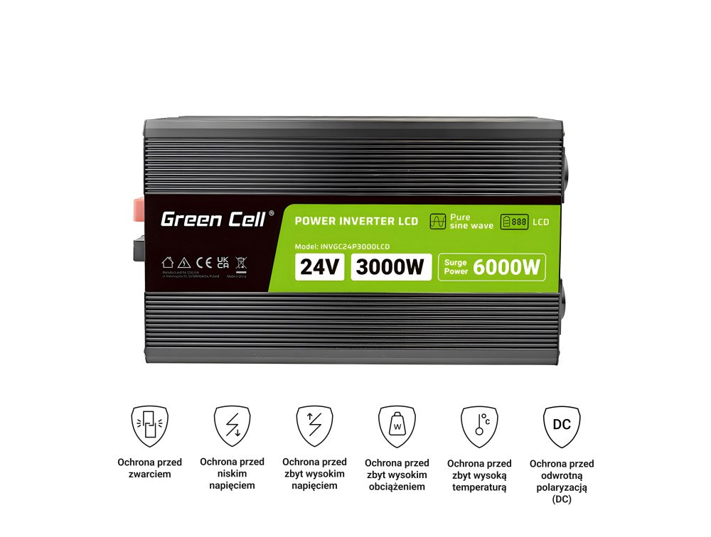 Green Cell Przetwornica napicia PowerInverter LCD 24 V 3000W/60000W Przetwornica samochodowa z wywietlaczem - czysty sinus power adapter/inverter Auto Black Green Cell Przetwornica napicia PowerInverter LCD 24 V 3000W/60000W Przetwornica samochodowa z wywietlaczem - czysty sinus power adapter/inverter Auto Black
