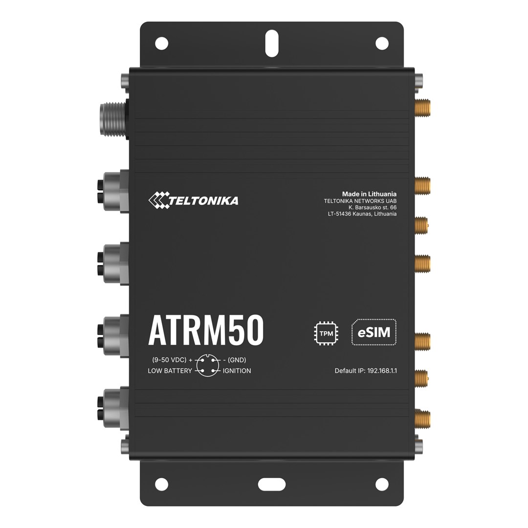 Teltonika ATRM50 5G Router for Transportation, Ultra-High Cellular Speeds, M12 CONNECTORS, DUAL SIM & eSIM, EN 45545-2 and EN 50155, PSU not included wireless router Gigabit Ethernet Dual-band (2.4 GHz / 5 GHz) Black Teltonika ATRM50 5G Router for Transportation, Ultra-High Cellular Speeds, M12 CONNECTORS, DUAL SIM & eSIM, EN 45545-2 and EN 50155, PSU not included wireless router Gigabit Ethernet Dual-band (2.4 GHz / 5 GHz) Black
