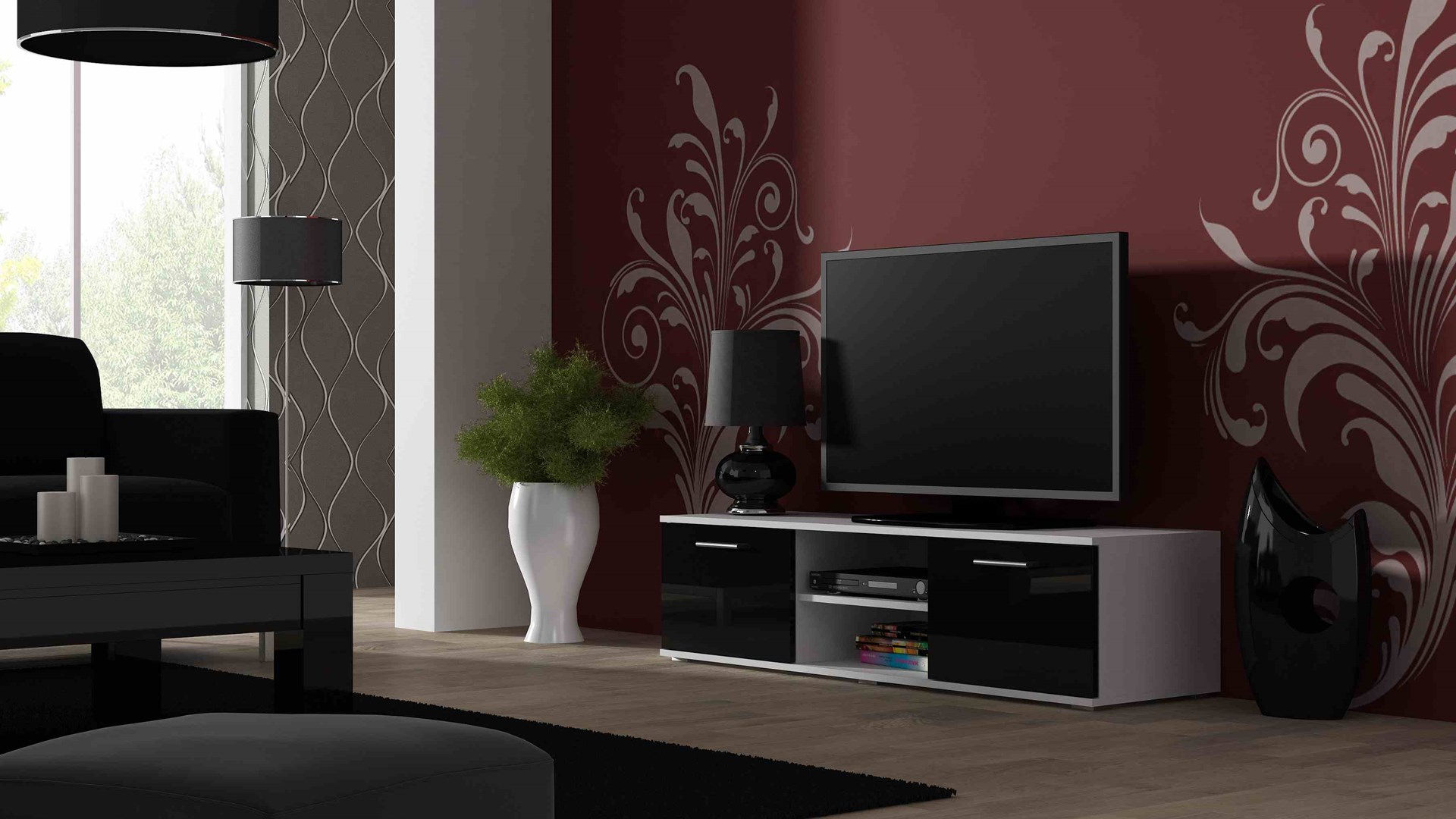SOHO 7 set (RTV140 cabinet + S1 cabinet + shelves) White / Black gloss SOHO 7 set (RTV140 cabinet + S1 cabinet + shelves) White / Black gloss