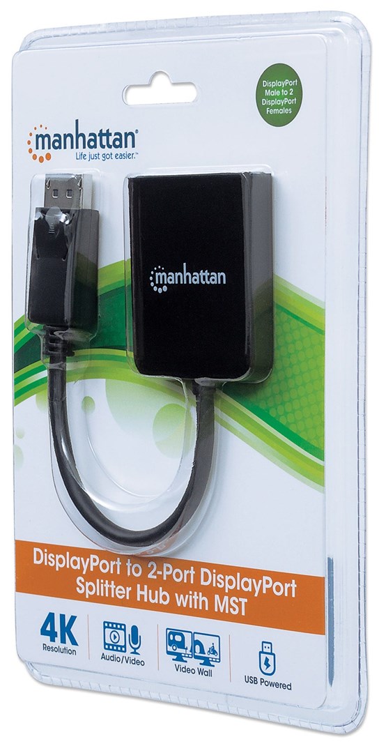 Manhattan DisplayPort 1.2 to 2-Port DisplayPort 1.2 Splitter Hub with MST, 4K@30Hz, USB-A Powered, Video Wall Function, Black, MST = Multi-Stream Transport, 3 Year Warranty Manhattan DisplayPort 1.2 to 2-Port DisplayPort 1.2 Splitter Hub with MST, 4K@30Hz, USB-A Powered, Video Wall Function, Black, MST = Multi-Stream Transport, 3 Year Warranty