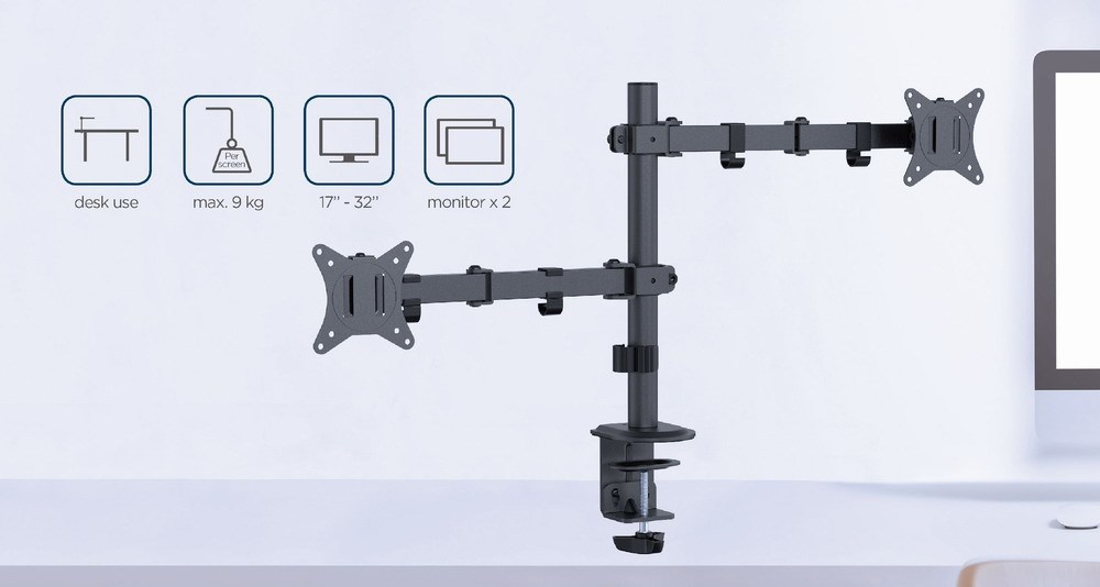 Gembird MA-D2-03 Adjustable desk mounted double monitor arm, 17”-32”, black Gembird MA-D2-03 Adjustable desk mounted double monitor arm, 17”-32”, black
