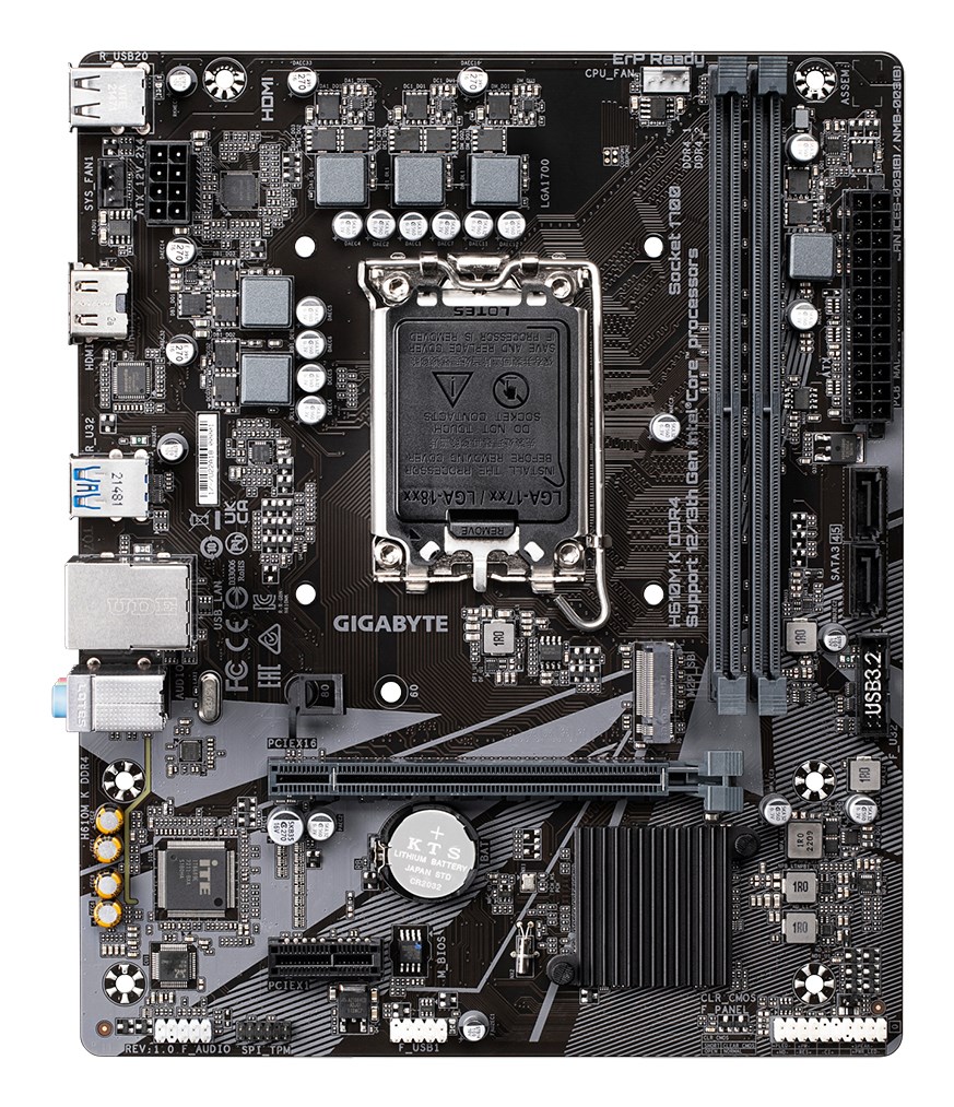 GIGABYTE H610M K DDR4 Motherboard - Supports Intel Core 14th Gen CPUs, 3+1+1 Phases Hybrid Power Design, up to 3200MHz DDR4, 1xPCIe 3.0 M.2, GbE LAN, USB 3.2 Gen 1 GIGABYTE H610M K DDR4 Motherboard - Supports Intel Core 14th Gen CPUs, 3+1+1 Phases Hybrid Power Design, up to 3200MHz DDR4, 1xPCIe 3.0 M.2, GbE LAN, USB 3.2 Gen 1