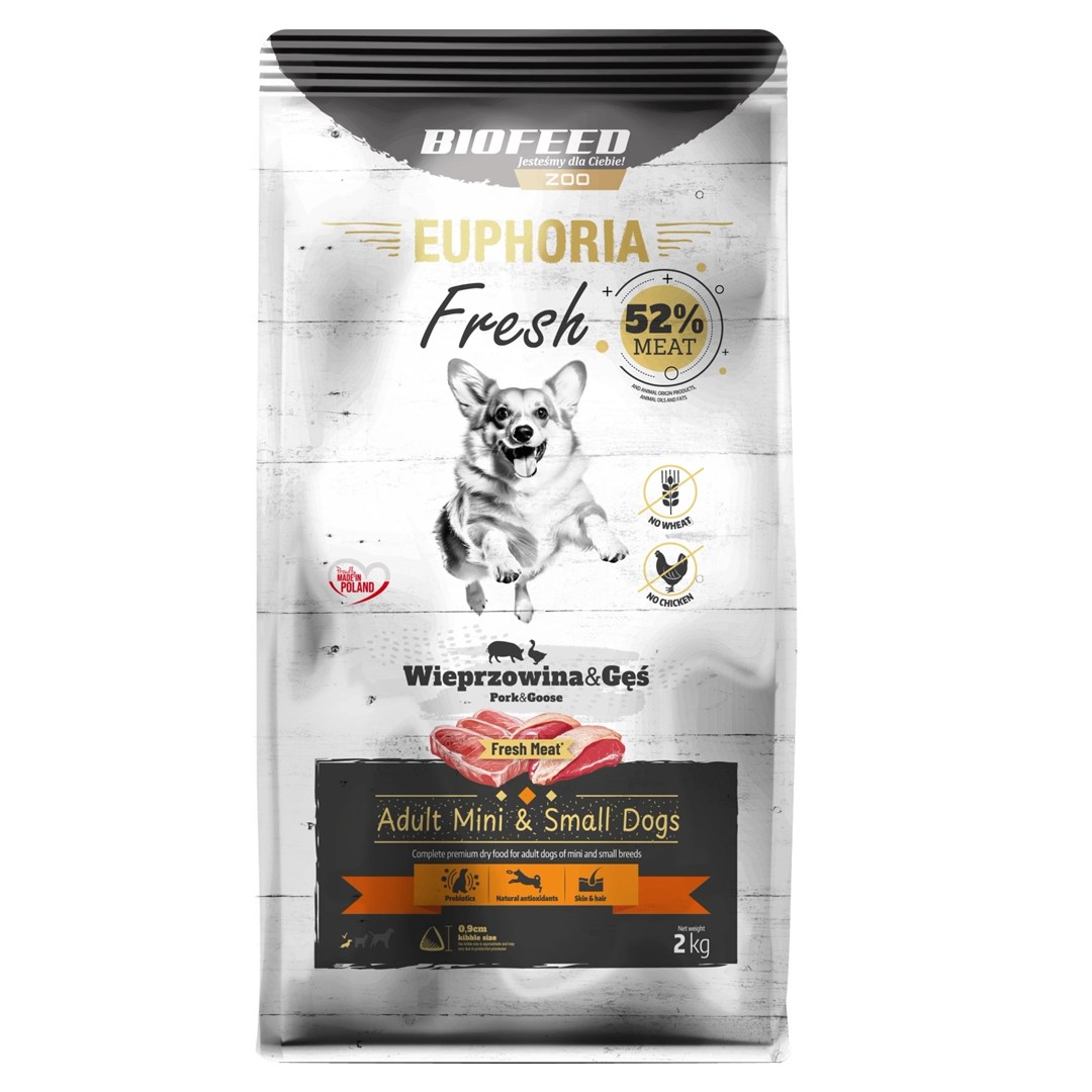 BIOFEED Euphoria Fresh Adult Mini & Small Pork with goose - dry dog food - 2kg BIOFEED Euphoria Fresh Adult Mini & Small Pork with goose - dry dog food - 2kg