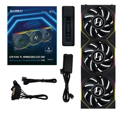 Lian Li UNI FAN TL Wireless LCD Fan, ARGB, PWM, 3-Pack incl. Controller - 120 mm, black Lian Li UNI FAN TL Wireless LCD Fan, ARGB, PWM, 3-Pack incl. Controller - 120 mm, black