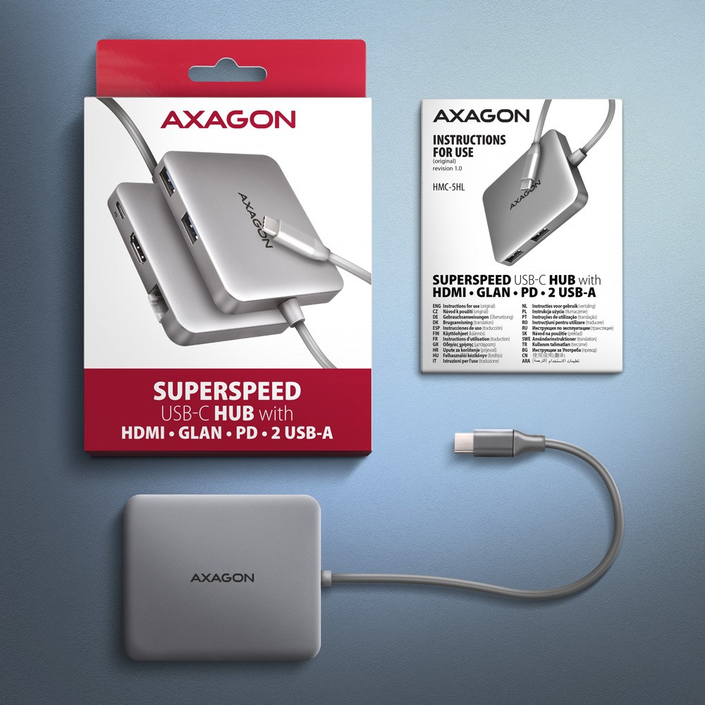 Axagon N HMC-5HL USB 5Gbps hub 2x USB-A HDMI 4k/60Hz RJ-45 GLAN PD 100W kabel USB-C Wired USB 3.2 Gen 1 (3.1 Gen 1) Type-C Silver Axagon N HMC-5HL USB 5Gbps hub 2x USB-A HDMI 4k/60Hz RJ-45 GLAN PD 100W kabel USB-C Wired USB 3.2 Gen 1 (3.1 Gen 1) Type-C Silver