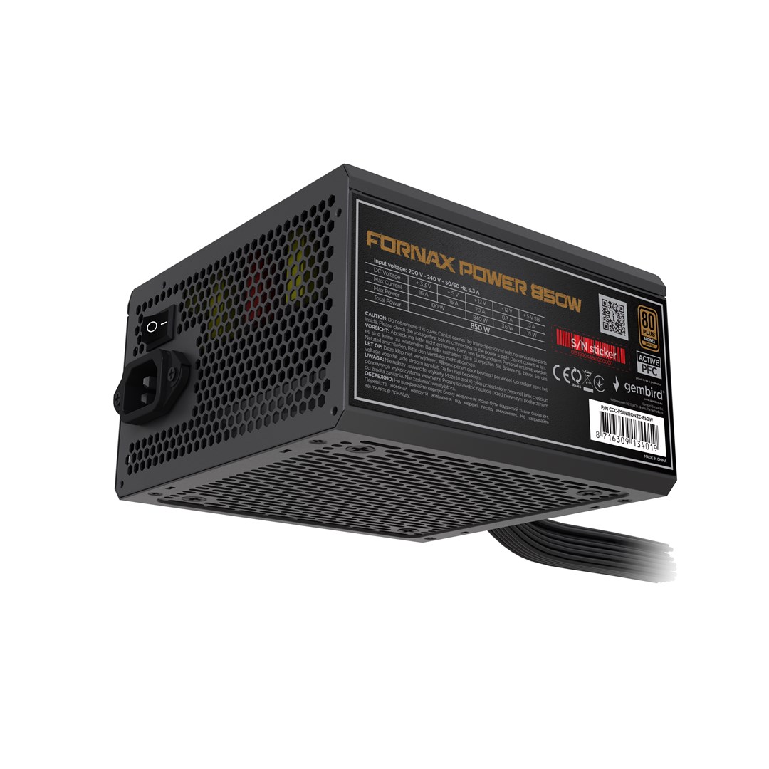 Gembird CCC-PSUBRONZE-850W Power supply unit Fornax Power 850W active PFC 12cm fan 80+Bronze color box Gembird CCC-PSUBRONZE-850W Power supply unit Fornax Power 850W active PFC 12cm fan 80+Bronze color box