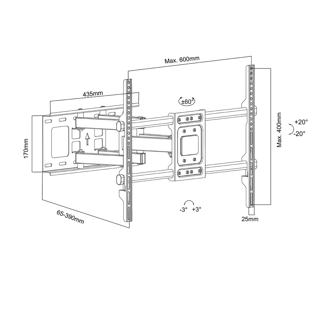 Maclean TV Mount, max VESA 600x400, 32-85", 60kg, horizontal and vertical angle adjustment, profile 65-390mm, black, MC-789 Maclean TV Mount, max VESA 600x400, 32-85", 60kg, horizontal and vertical angle adjustment, profile 65-390mm, black, MC-789