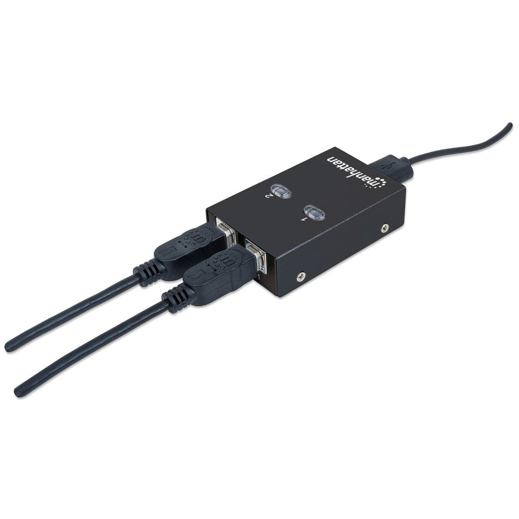 Manhattan USB-A Automatic Sharing Switch, 2x USB-B Ports, 480 Mbps (USB 2.0), Dual Control (Auto-Sensing or Manual), Bus Powered, Hi-Speed USB, inc 1x 1.5m USB-A to USB-B cable, Black, Three Year Warranty Manhattan USB-A Automatic Sharing Switch, 2x USB-B Ports, 480 Mbps (USB 2.0), Dual Control (Auto-Sensing or Manual), Bus Powered, Hi-Speed USB, inc 1x 1.5m USB-A to USB-B cable, Black, Three Year Warranty