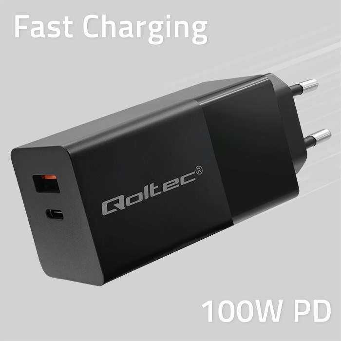 Qoltec 52382 GaN POWER PRO charger | 1xUSB type C | 1xUSB A | 100W | 5-20V | 1.5-5A | PD | Black Qoltec 52382 GaN POWER PRO charger | 1xUSB type C | 1xUSB A | 100W | 5-20V | 1.5-5A | PD | Black