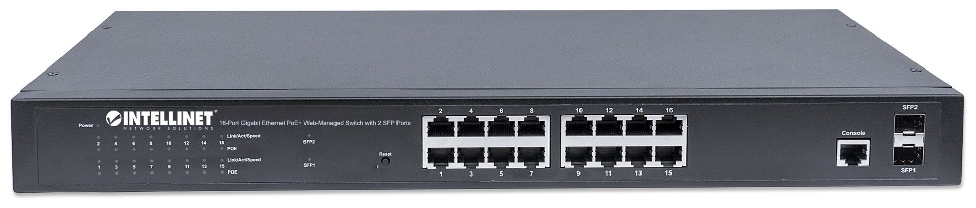 Intellinet 16-Port Gigabit Ethernet PoE+ Web-Managed Switch with 2 SFP Ports, IEEE 802.3at/af Power over Ethernet (PoE+/PoE) Compliant, 374 W, Endspan, 19" Rackmount Intellinet 16-Port Gigabit Ethernet PoE+ Web-Managed Switch with 2 SFP Ports, IEEE 802.3at/af Power over Ethernet (PoE+/PoE) Compliant, 374 W, Endspan, 19" Rackmount