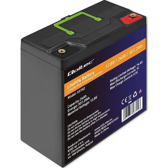 Qoltec 53702 LiFePO4 lithium iron phosphate battery | 12.8V | 24Ah | 307.2Wh | BMS Qoltec 53702 LiFePO4 lithium iron phosphate battery | 12.8V | 24Ah | 307.2Wh | BMS