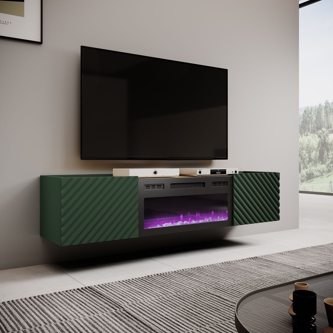 RTV cabinet with an electric fireplace ONDA 180,5x40xH58,39 green (standing or wall mounted) RTV cabinet with an electric fireplace ONDA 180,5x40xH58,39 green (standing or wall mounted)