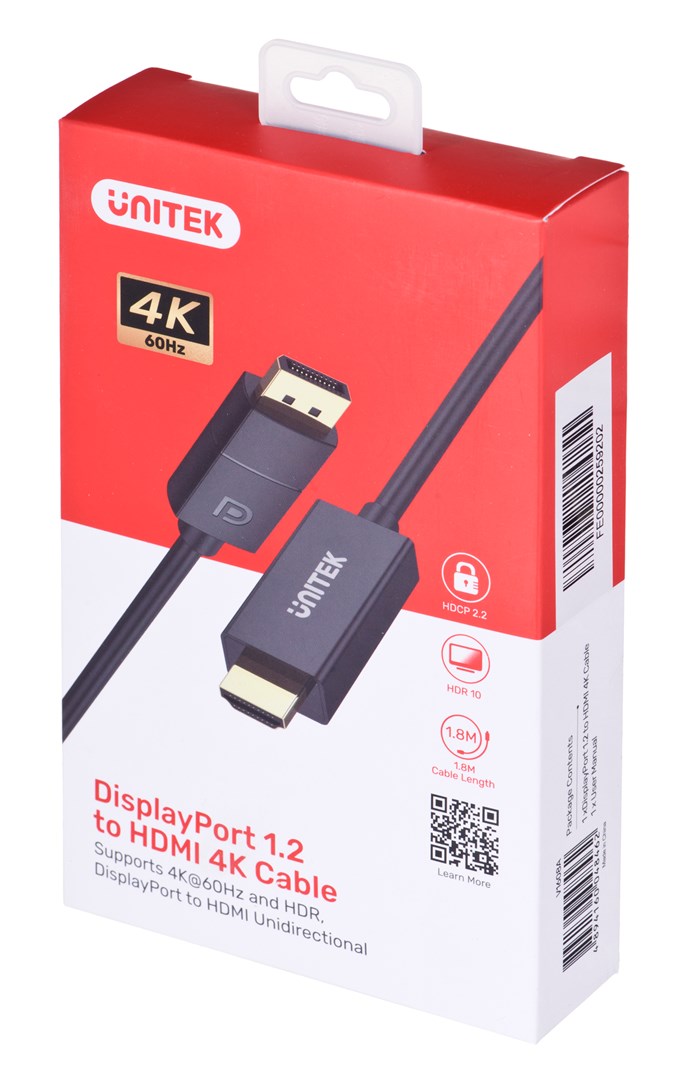 UNITEK CABLE DisplayPort 1.2, HDMI, 4K@60HZ, 1,8M, V1608A UNITEK CABLE DisplayPort 1.2, HDMI, 4K@60HZ, 1,8M, V1608A