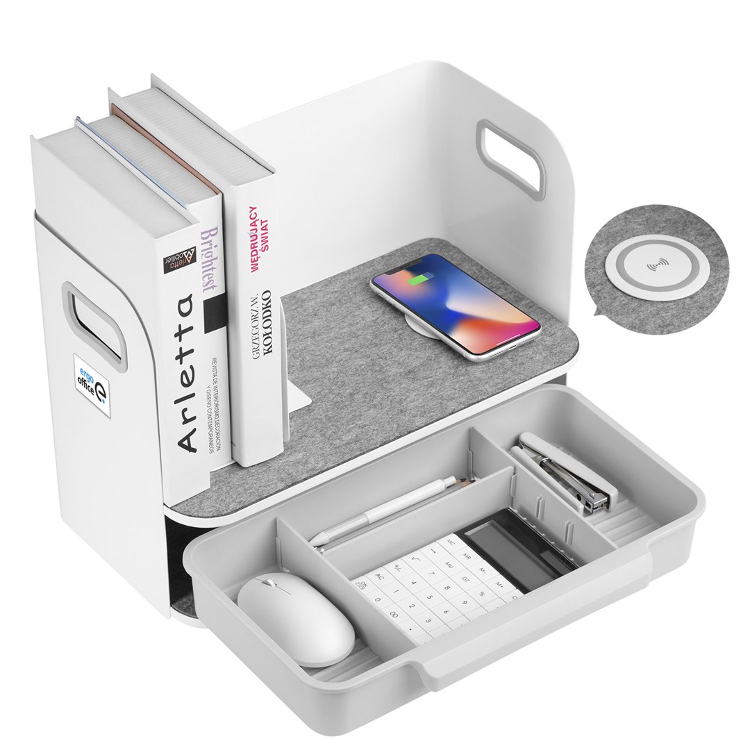 Desk organizer with drawer and wireless charger Ergo Office, white, max. 10kg, ER-441 Desk organizer with drawer and wireless charger Ergo Office, white, max. 10kg, ER-441
