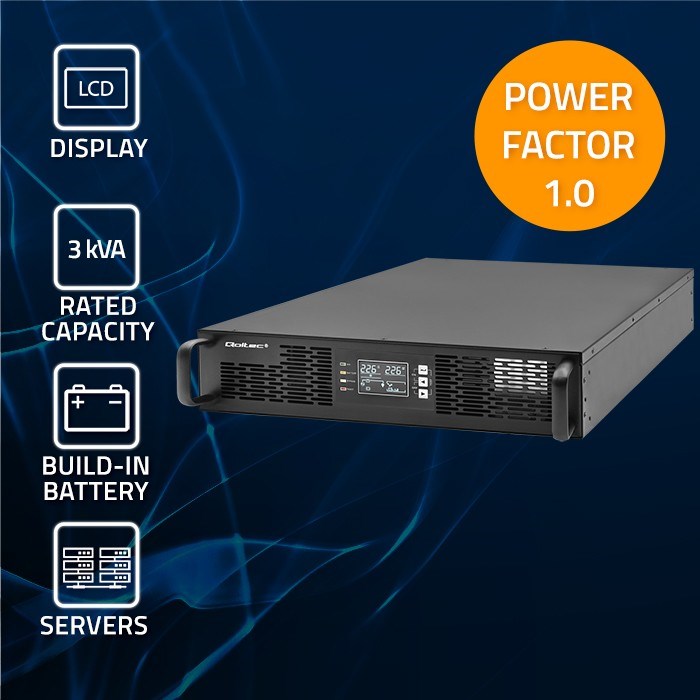 Qoltec Uninterruptible Power Supply (UPS) for RACK | 3kVA | 3000W | Power Factor 1.0 | LCD | EPO | USB | Online Qoltec Uninterruptible Power Supply (UPS) for RACK | 3kVA | 3000W | Power Factor 1.0 | LCD | EPO | USB | Online