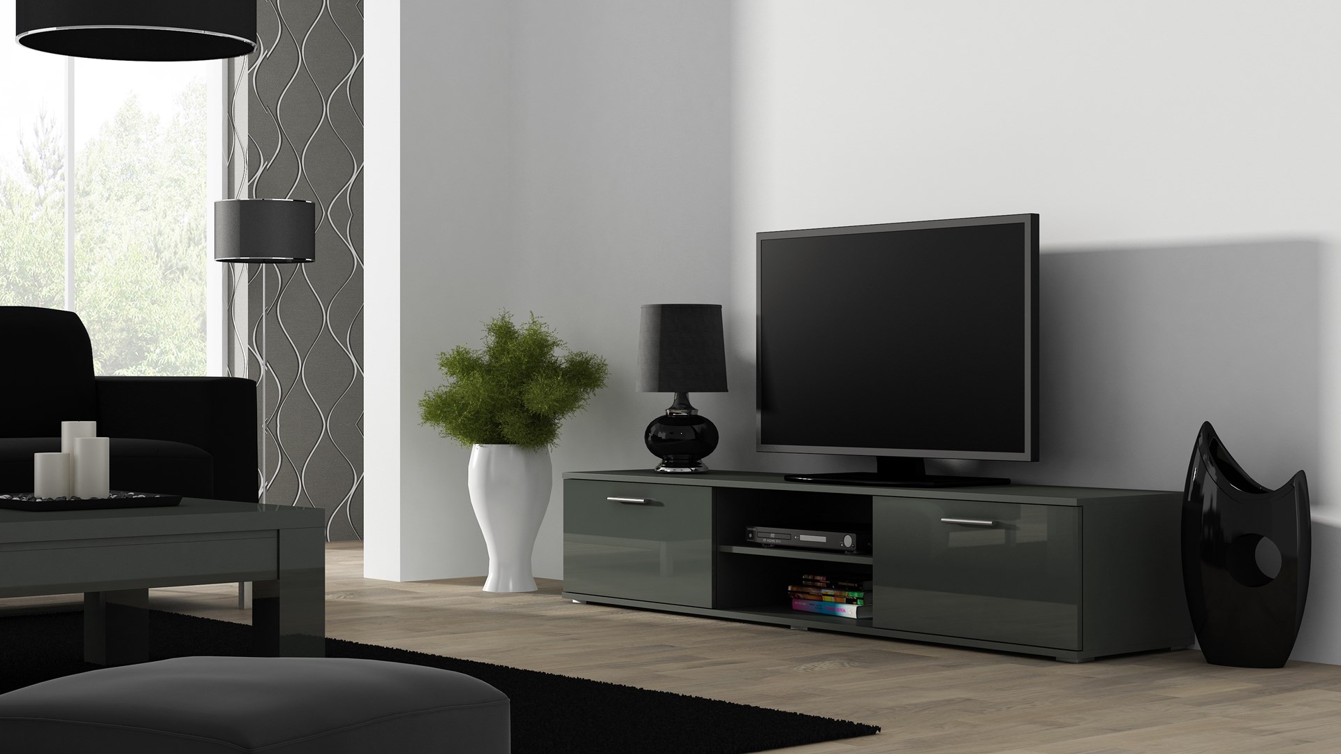 SOHO 5 set (RTV180 cabinet + Wall unit + shelves) Grey / Gloss grey SOHO 5 set (RTV180 cabinet + Wall unit + shelves) Grey / Gloss grey