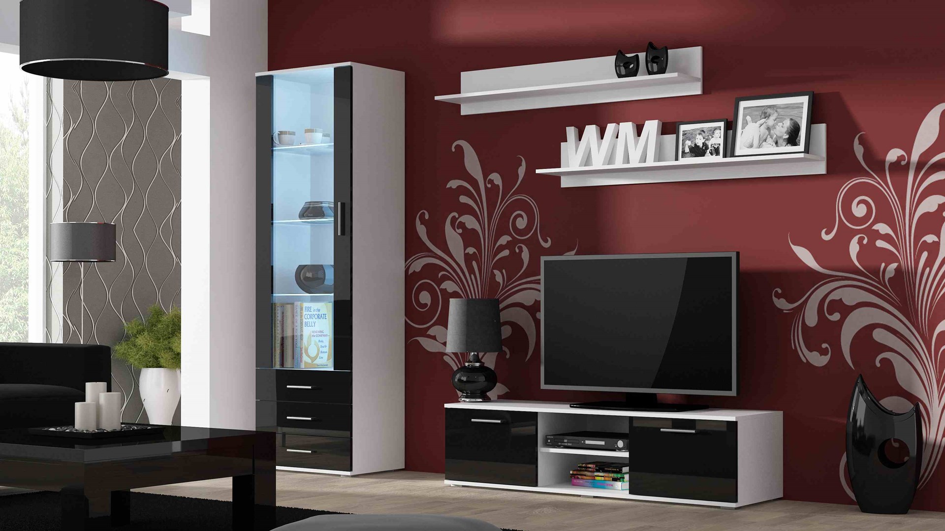 SOHO 7 set (RTV140 cabinet + S1 cabinet + shelves) White / Black gloss SOHO 7 set (RTV140 cabinet + S1 cabinet + shelves) White / Black gloss