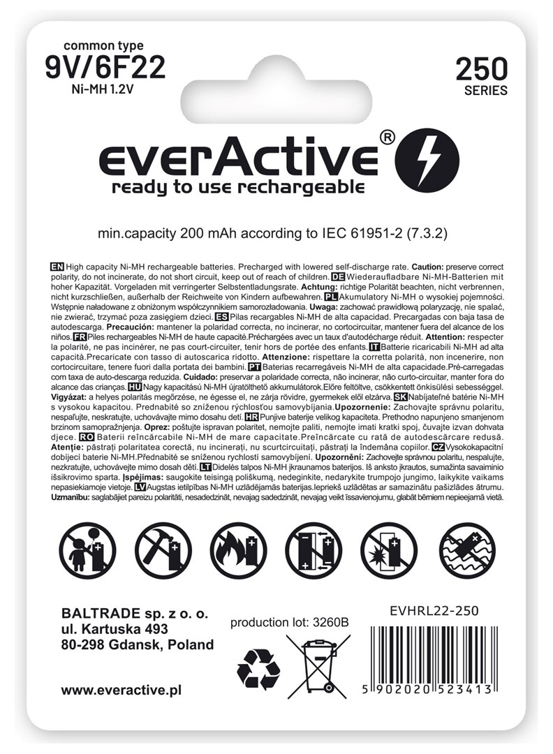 Rechargeable batteries everActive Ni-MH 6F22 9V 250 mAh Silver Line Rechargeable batteries everActive Ni-MH 6F22 9V 250 mAh Silver Line