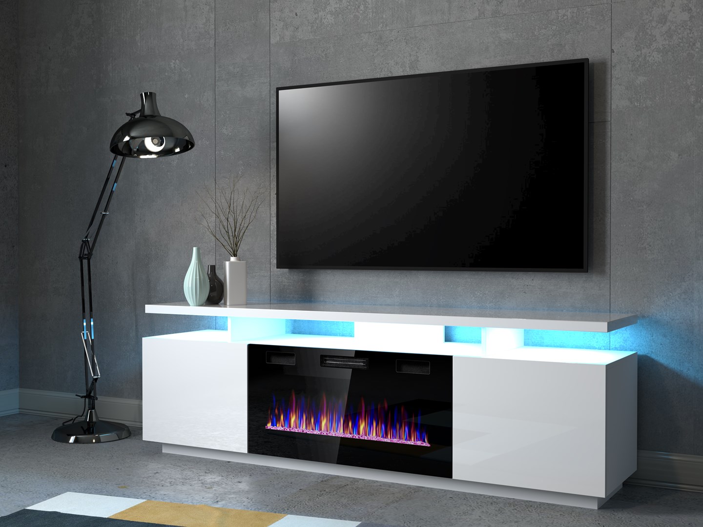 RTV EVA cabinet with electric fireplace 180x40x52 cm white/gloss white RTV EVA cabinet with electric fireplace 180x40x52 cm white/gloss white