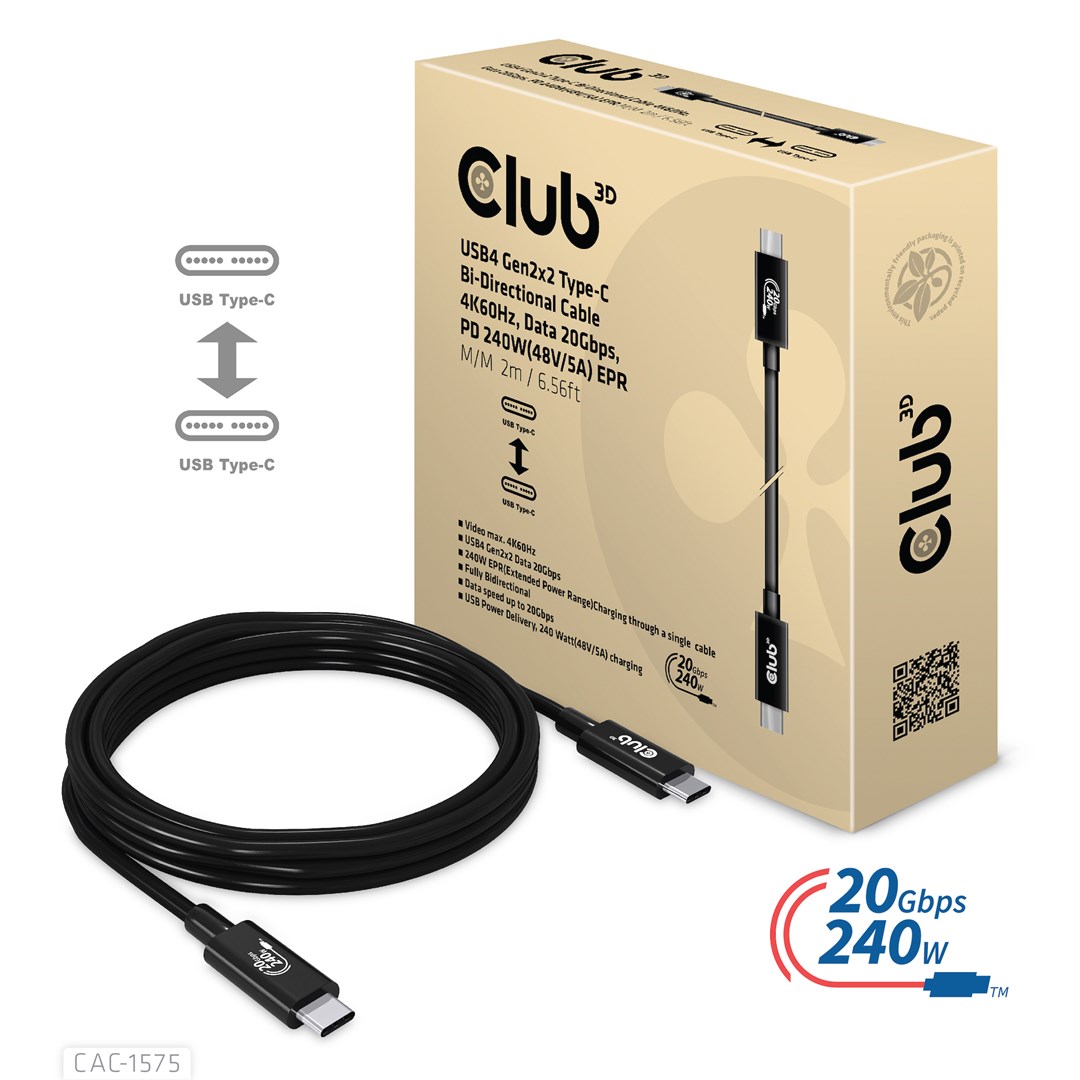 CLUB3D USB4 Gen2x2 Type-C Bi-Directional Cable 4K60Hz, Data 20Gbps, PD 240W(48V/5A) EPR M/M 2m CLUB3D USB4 Gen2x2 Type-C Bi-Directional Cable 4K60Hz, Data 20Gbps, PD 240W(48V/5A) EPR M/M 2m