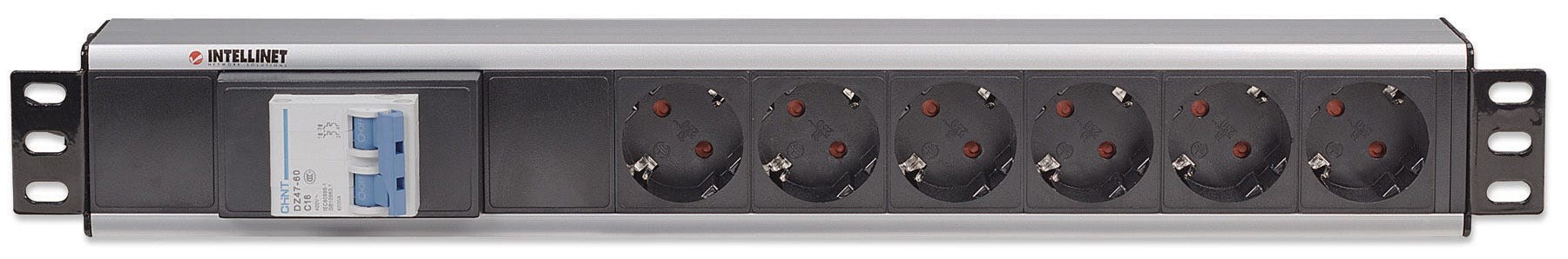 Intellinet 19" 1.5U Rackmount 6-Output Power Distribution Unit (PDU) EU CEE 7/3 Outlets, With Double Air Switch, No Surge Protection, Built-in 1.8m Power Cord with EU CEE 7/4 Plug Intellinet 19" 1.5U Rackmount 6-Output Power Distribution Unit (PDU) EU CEE 7/3 Outlets, With Double Air Switch, No Surge Protection, Built-in 1.8m Power Cord with EU CEE 7/4 Plug