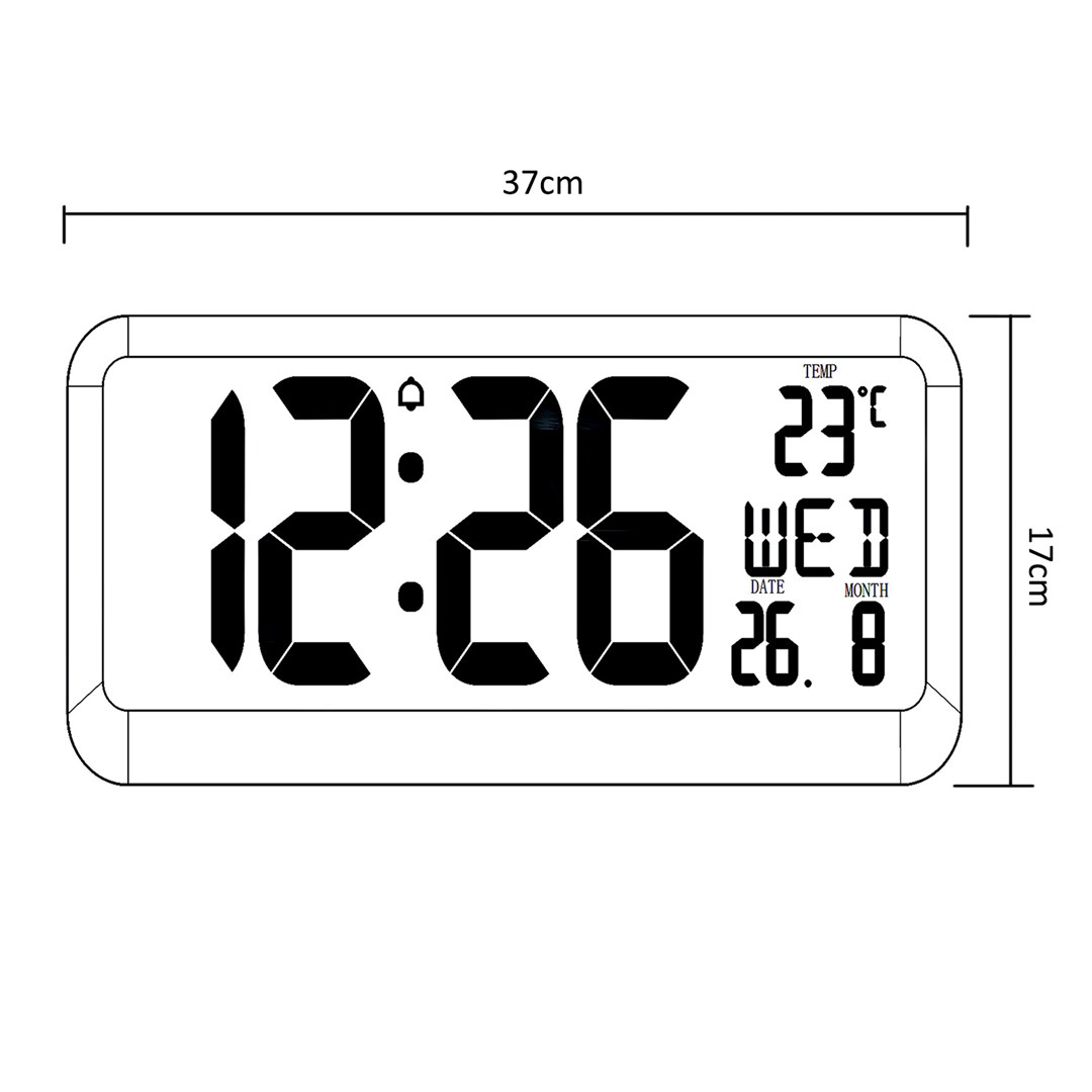 Large Digital Clock Wall Mount Free Standing with Temperature Sensor 37x17cm LCD Display Power Adapter & Battery Operated Large Digital Clock Wall Mount Free Standing with Temperature Sensor 37x17cm LCD Display Power Adapter & Battery Operated