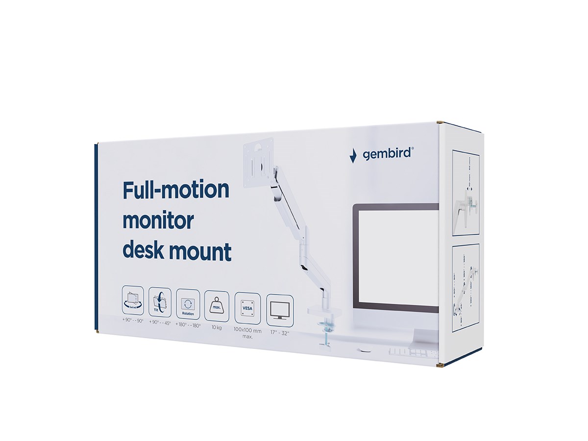 Gembird MA-DA1-04 Full-motion desk display mounting arm, 17”-32”, white Gembird MA-DA1-04 Full-motion desk display mounting arm, 17”-32”, white