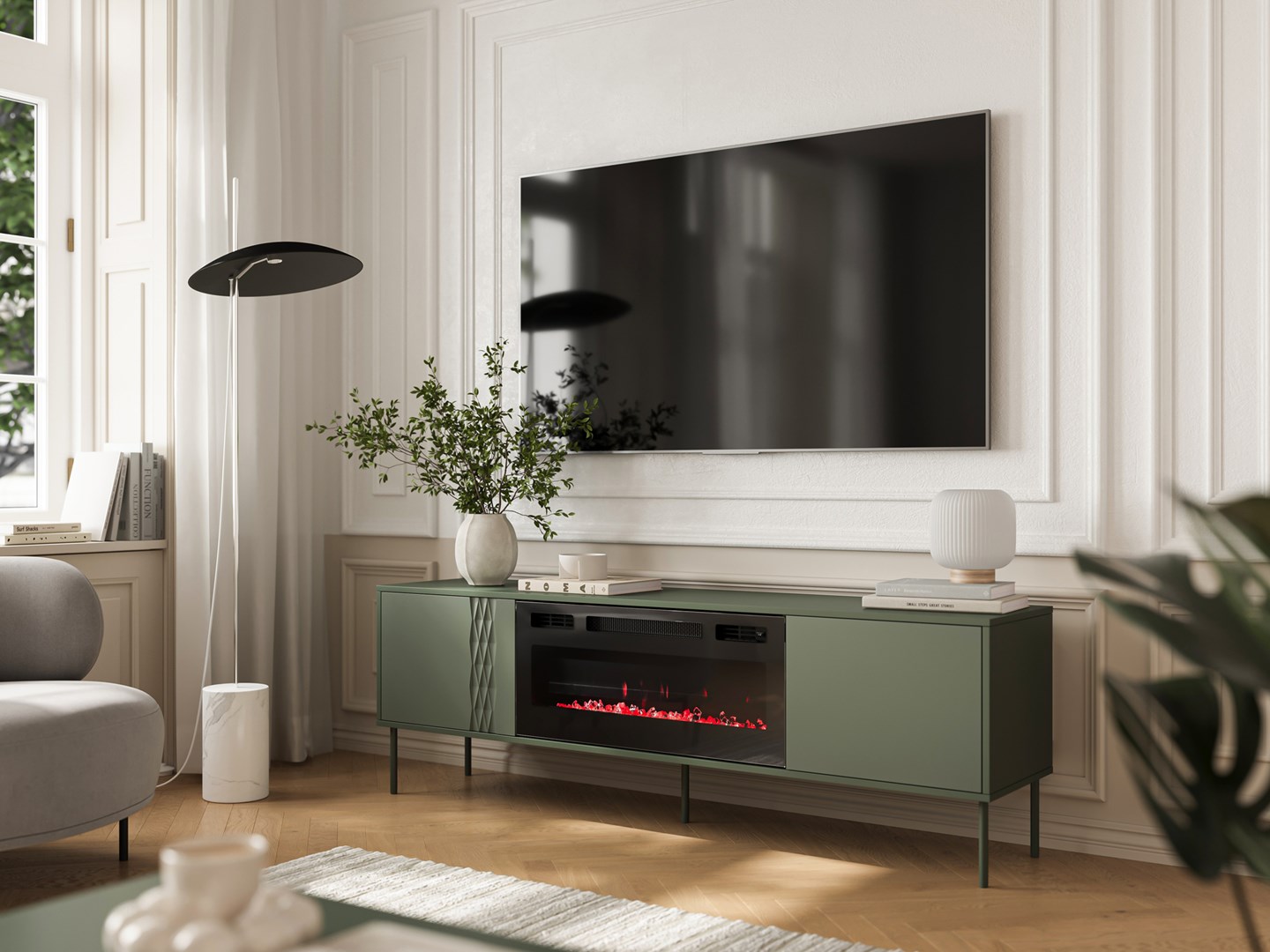 Cama RTV cabinet EF + fireplace black TRESSE 180x40x54.5 matte green Cama RTV cabinet EF + fireplace black TRESSE 180x40x54.5 matte green