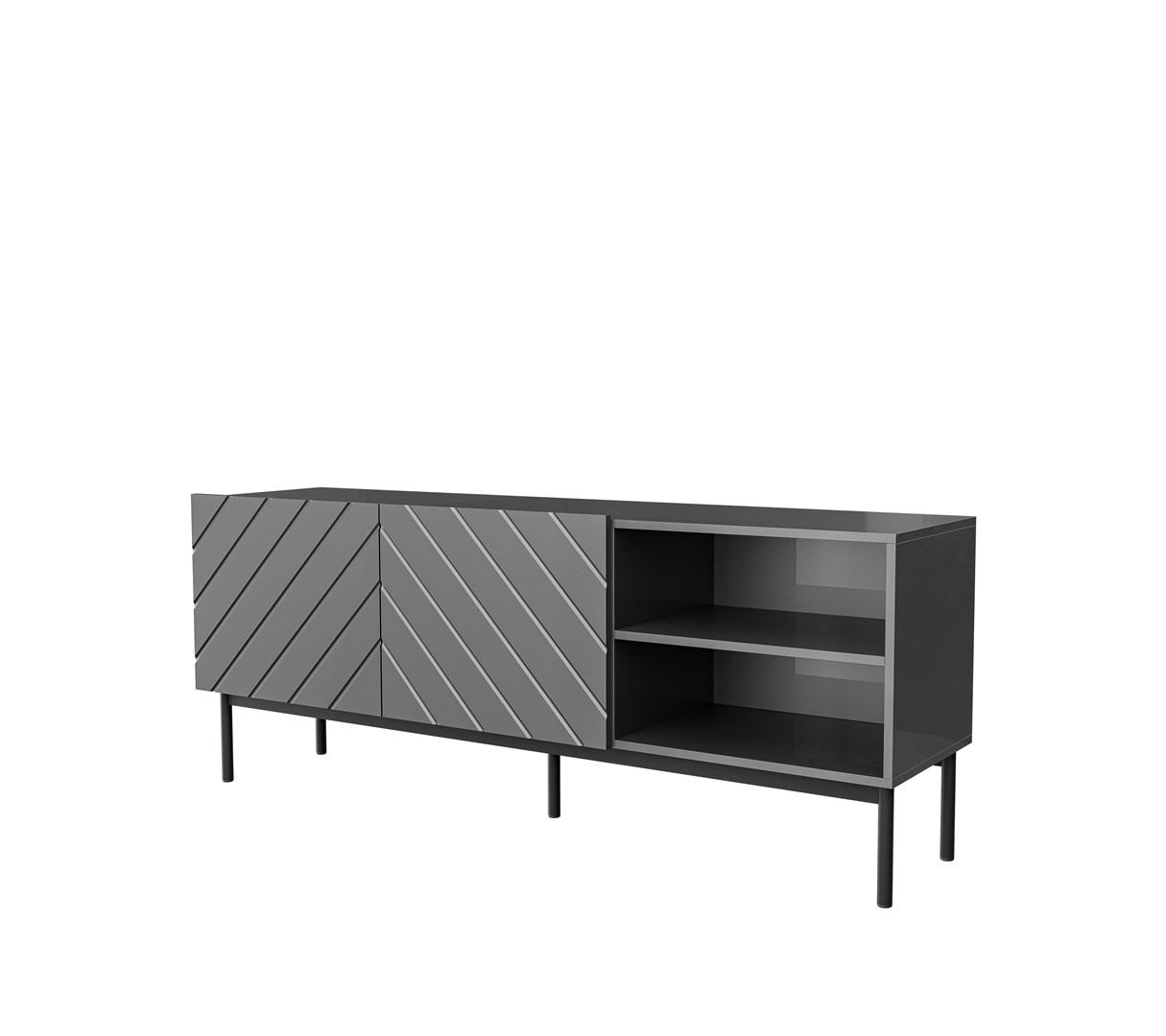 ABETO RTV cabinet on black steel frame 150x42x60 cm graphite/glossy graphite ABETO RTV cabinet on black steel frame 150x42x60 cm graphite/glossy graphite
