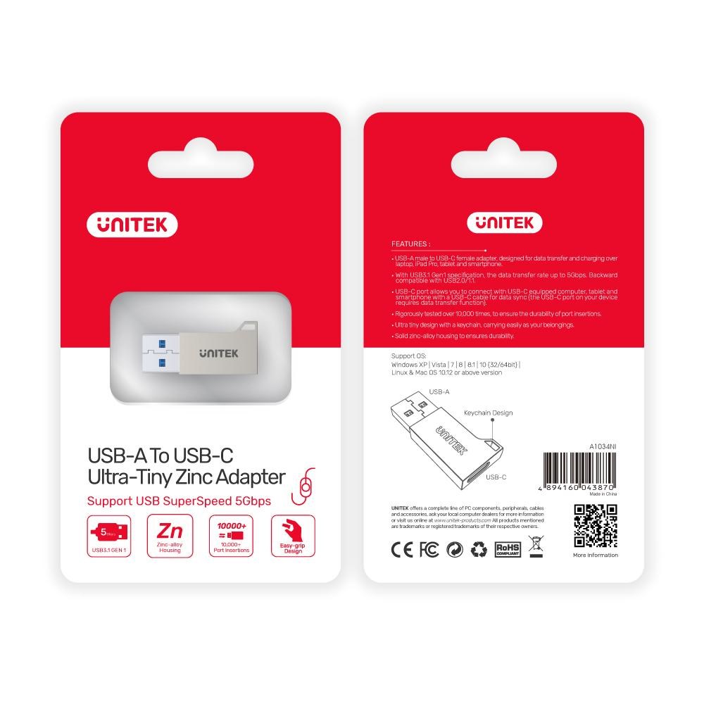 UNITEK USB-A TO USB-C 3.1 GEN1 ADAPTER, A1034NI UNITEK USB-A TO USB-C 3.1 GEN1 ADAPTER, A1034NI