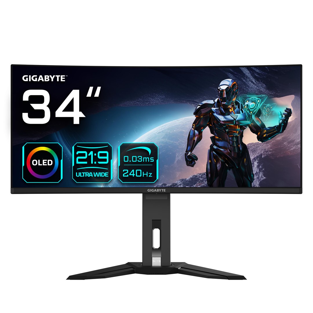 GIGABYTE MO34WQC2 34" OLED WQHD Curved Gaming Monitor - 3440 x 1440, 240Hz, 0.03ms, KVM, 250 cd/m², FreeSync Premium Pro, DisplayHDR True Black 400, HDMI 2.1, Displayport 1.4 GIGABYTE MO34WQC2 34" OLED WQHD Curved Gaming Monitor - 3440 x 1440, 240Hz, 0.03ms, KVM, 250 cd/m², FreeSync Premium Pro, DisplayHDR True Black 400, HDMI 2.1, Displayport 1.4