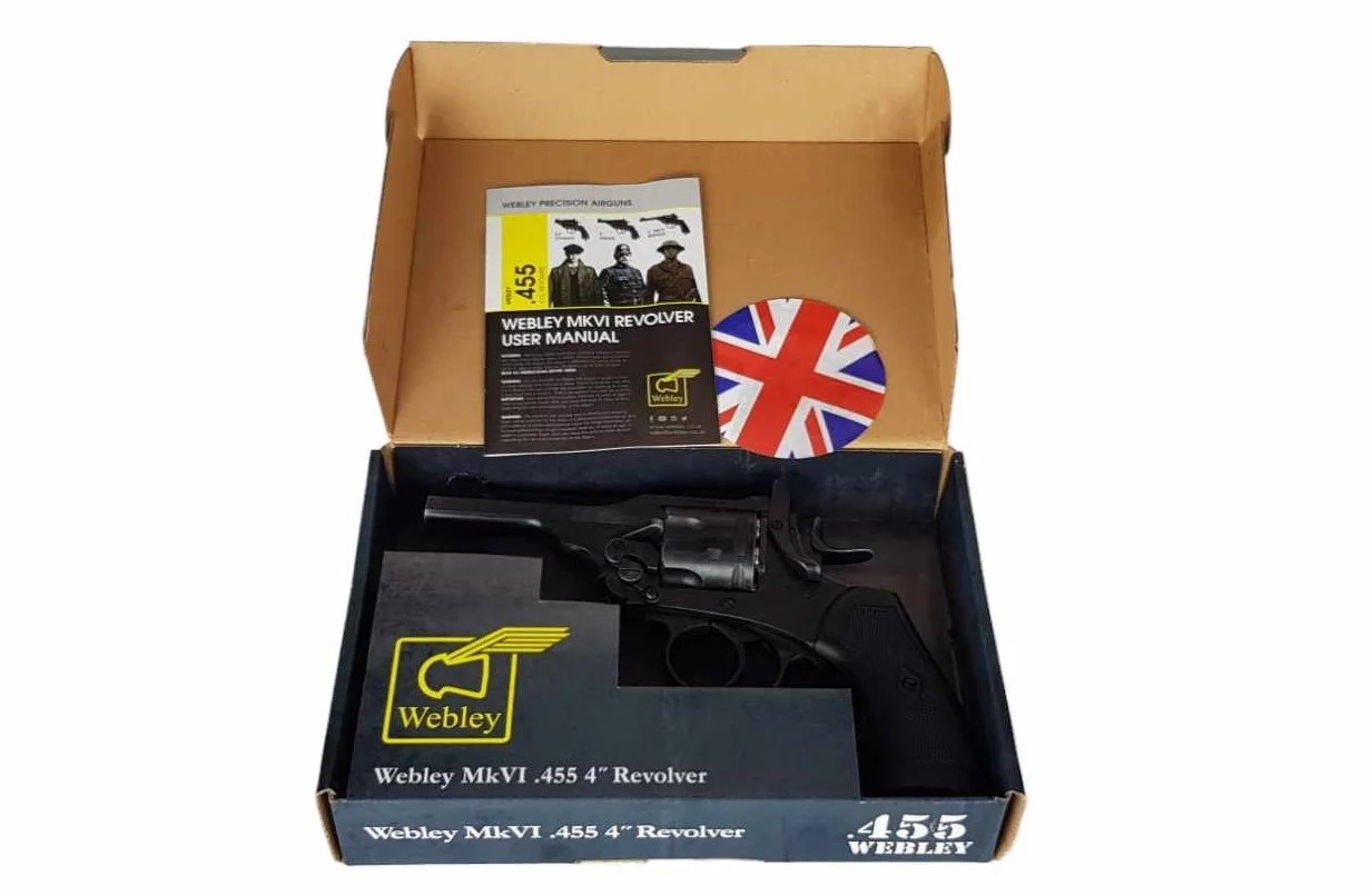 WEBLEY MKVI .455 Police cal.5.5 mm Diabolo cartridge revolver 6-shot. 4’ barrel CO2 Battlefield Ekp to17J WEBLEY MKVI .455 Police cal.5.5 mm Diabolo cartridge revolver 6-shot. 4’ barrel CO2 Battlefield Ekp to17J